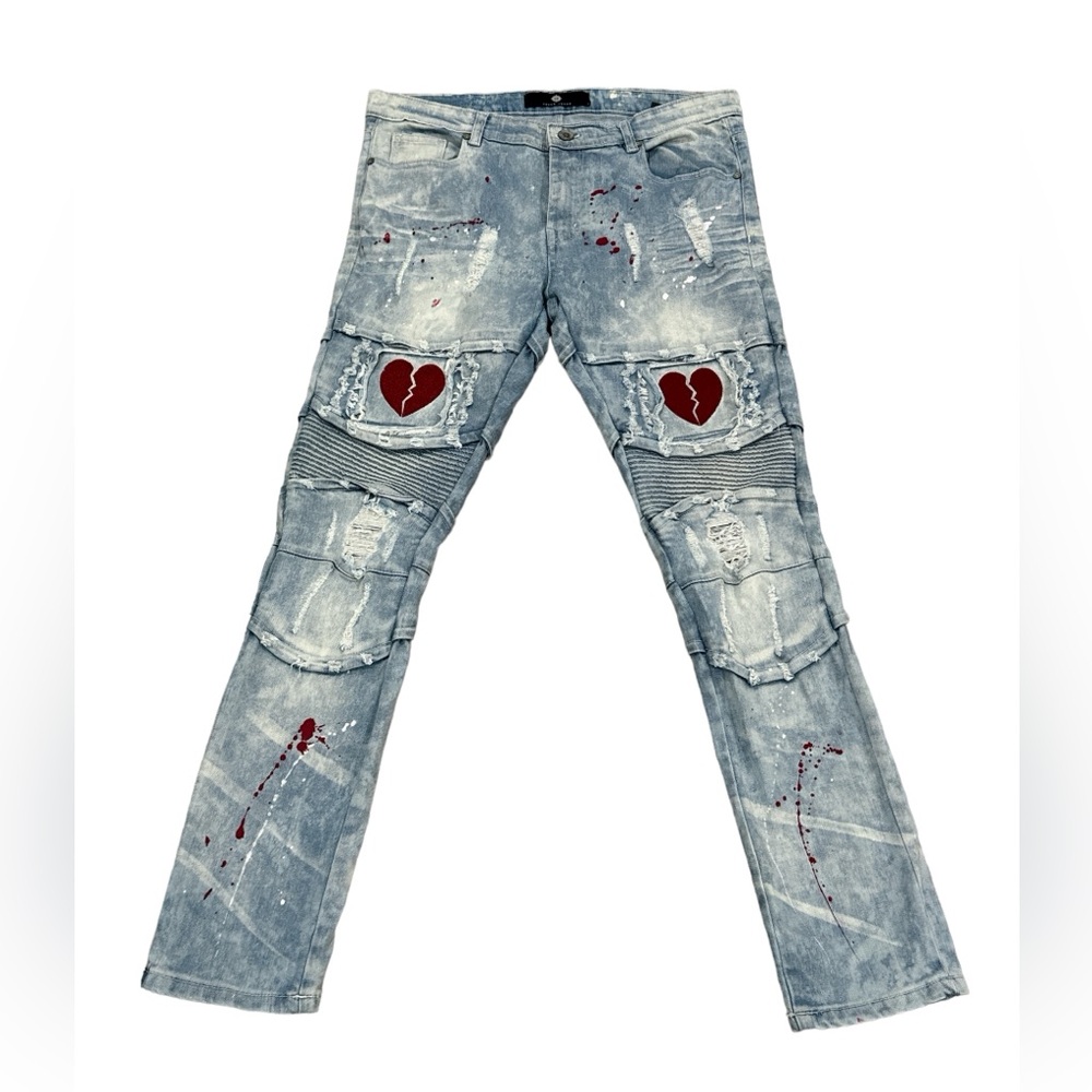 Focus Men Heartbreaker Denim Splat Broken Heart Embroidered Jeans Slim Fit